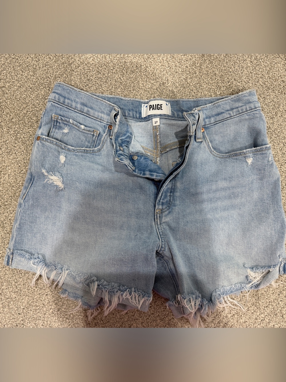 PAIGE Light Blue Distressed Denim Cutoff Shorts